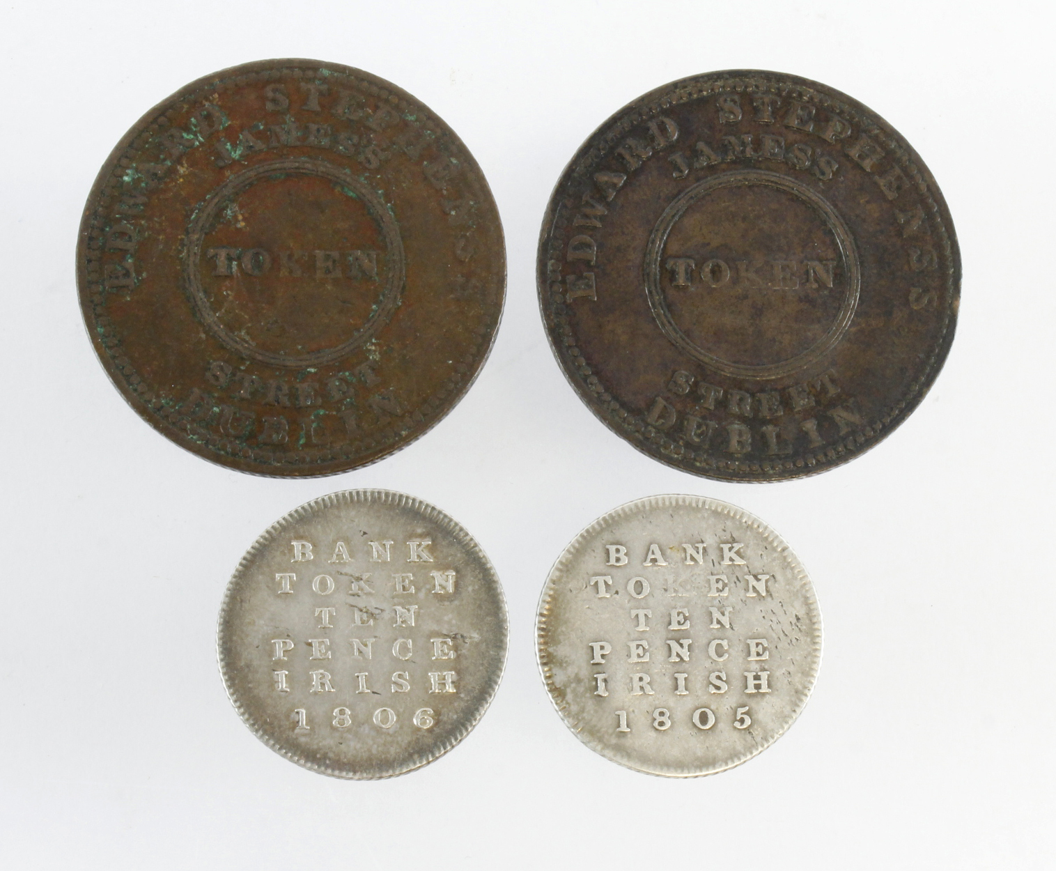 Tokens of Ireland (4): 2x silver Ten Pence Bank Tokens 1805 Fine and 1806 VF; and 2x copper - Image 2 of 2