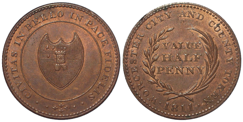 Token, 19thC: Worcester City and County copper Halfpenny 1811, engrailed edge \\\\, EF with lustre.