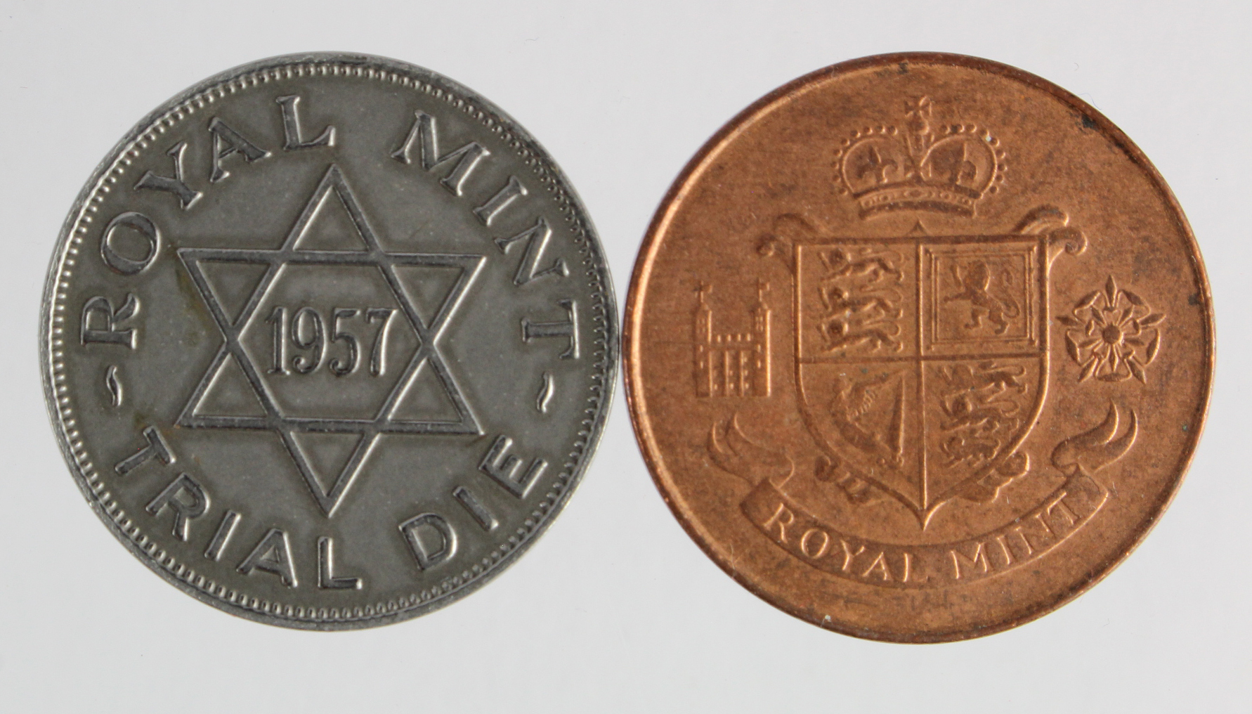 Royal Mint Trial Pieces (2): Trial Die 1957 white metal d.25.5mm EF, and a different design in - Image 2 of 2