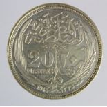 Egypt silver 20 Piastres 1916, cleaned GVF