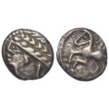 Celtic Gaul silver unit of the Cavares 1stC BC. Stylised hd. l. / Horse l., CR6882; LT2895. 2.19g.