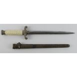 German Nazi Army Dagger, cream grip, metal scabbard. No makers mark. One scabbard chain loop