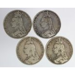 GB Crowns (4) Queen Victoria: 1889, 2x 1890, and 1891, nF-F