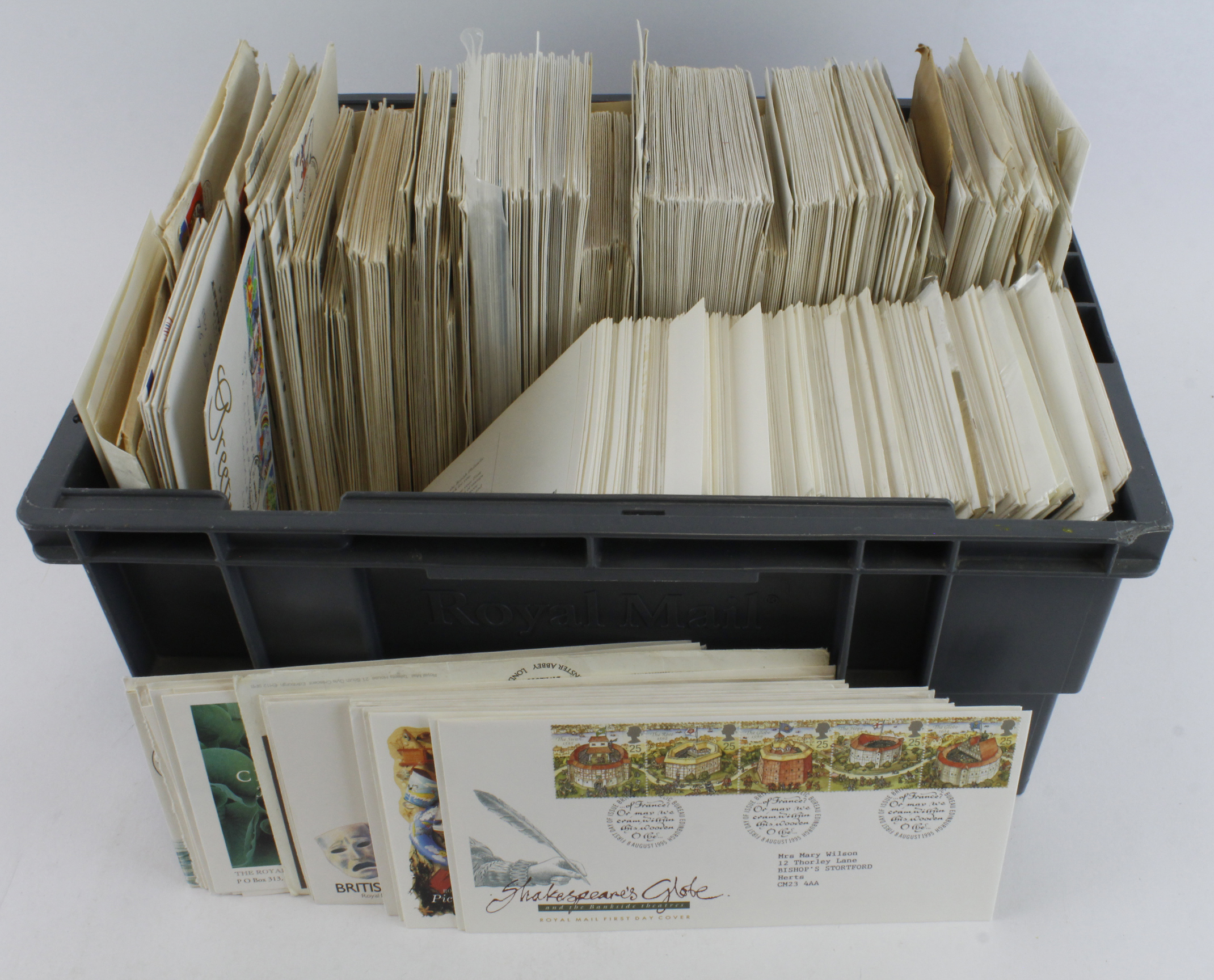 Grey crate packed with a range of GB FDC's, from mid 1960's to c2012. Many Bureau cancels