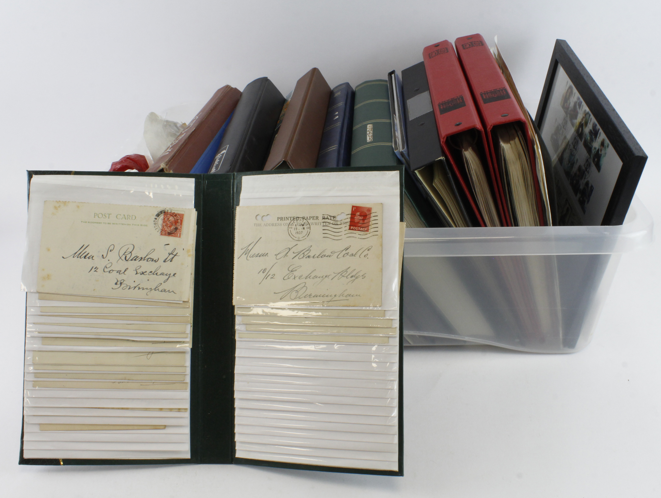 GB - large clear crate of material in ring binders, stockbooks and albums, plus covers and loose