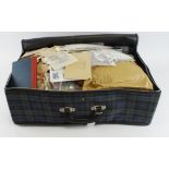 Large weekend cloth suitcase with many weeks of sorting material, well stuffed with foreign stamps