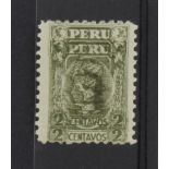 Peru 1931 2c olive green LITHO issue a fine mint stamp with variety STAMP PRINTED DOUBLE. Slightly