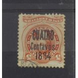 Argentina 1884 4c-on-5c vermilion 'Surcharge' issue, a fine cds used stamp with error OVERPRINT