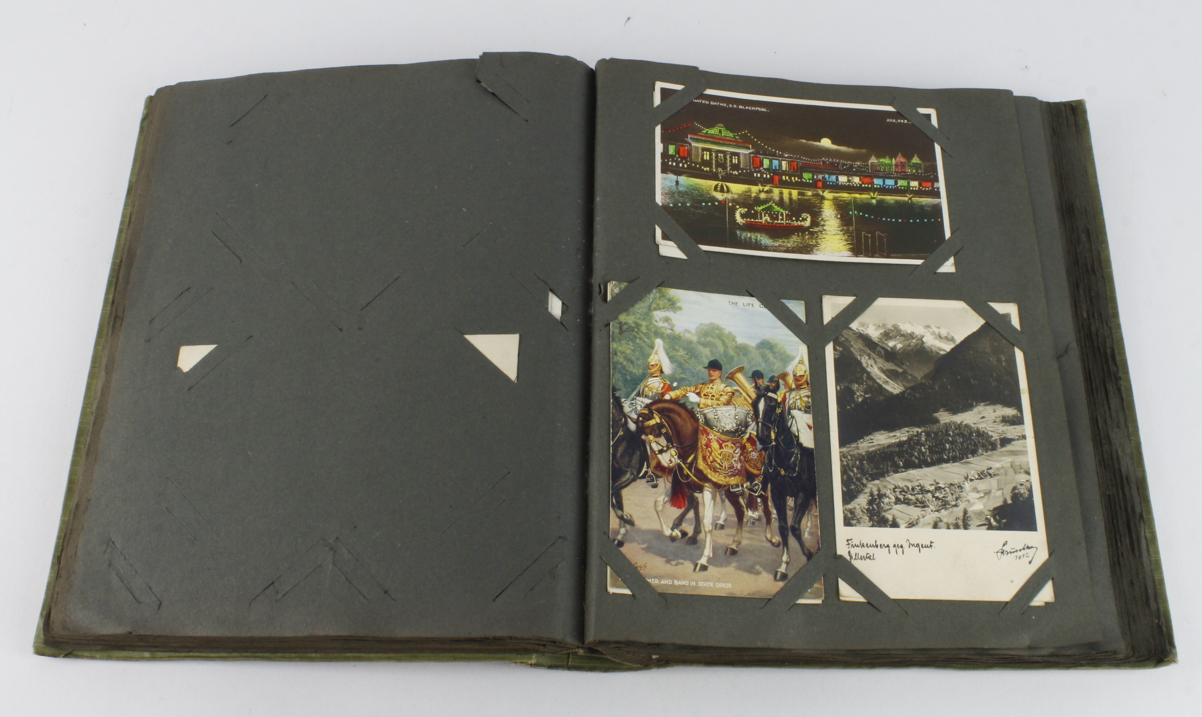 Edwardian postcard album with topographical inc much Norfolk, military, comic, actresses and glamour