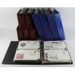 Large box with five albums of Commem & Defin FDC's. Includes Prestige full panels, high vals &