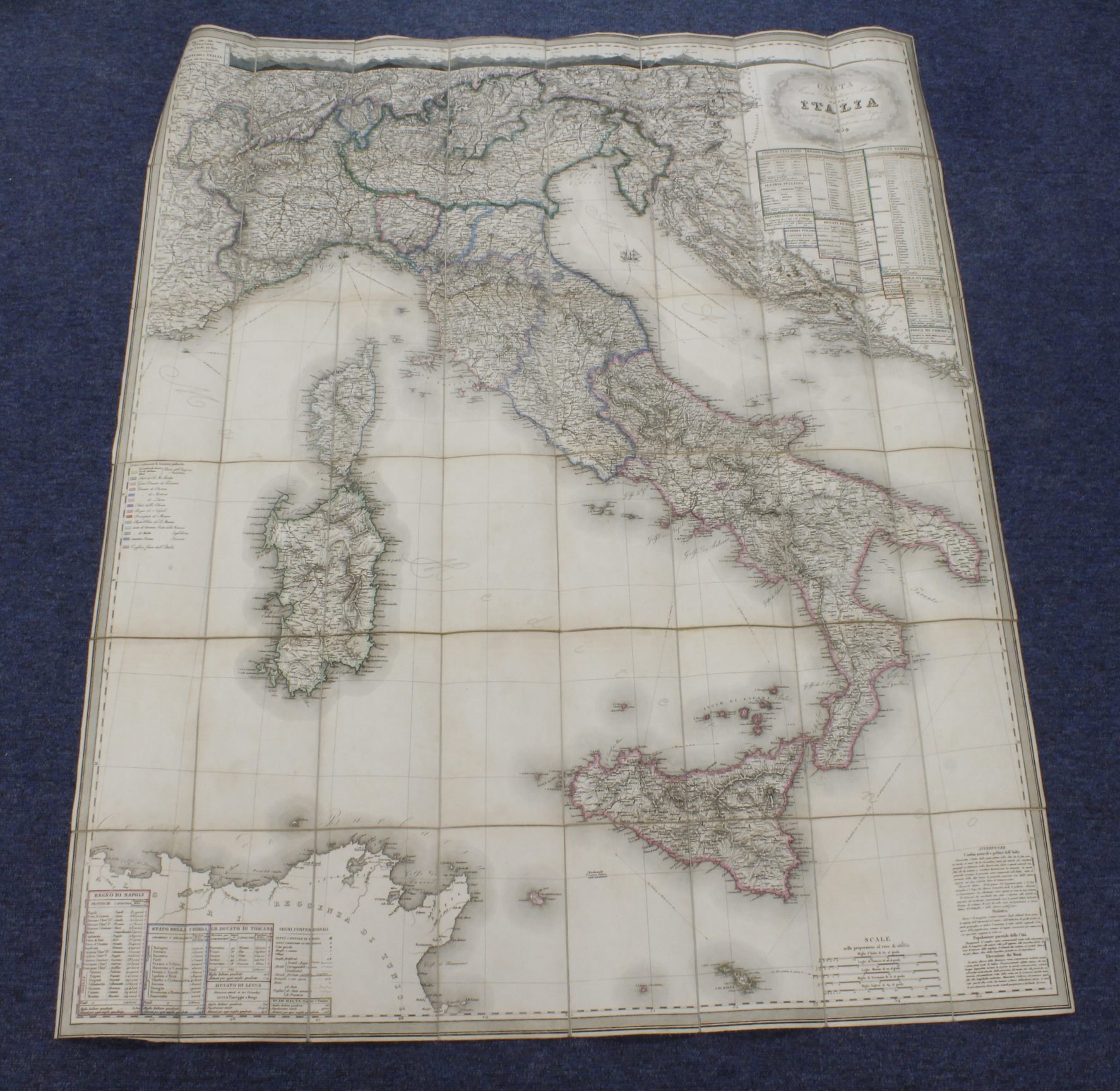 Italy Interest. A large engraved hand coloured folding map 'Carta Fisica, Statistica e Postale,