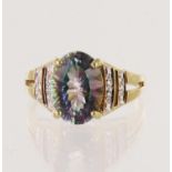 9ct yellow gold mystic topaz dress ring, oval topaz measures 14mm x 10mm, highlighted with white