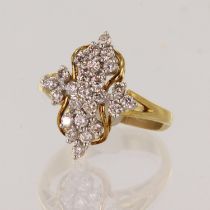 Yellow gold (tests higher than 16ct) diamond cluster ring, twenty-five round brilliant cut