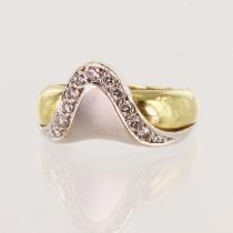 Yellow and white gold (tests 18ct) abstract diamond ring, eleven round brilliant cut diamonds TDW