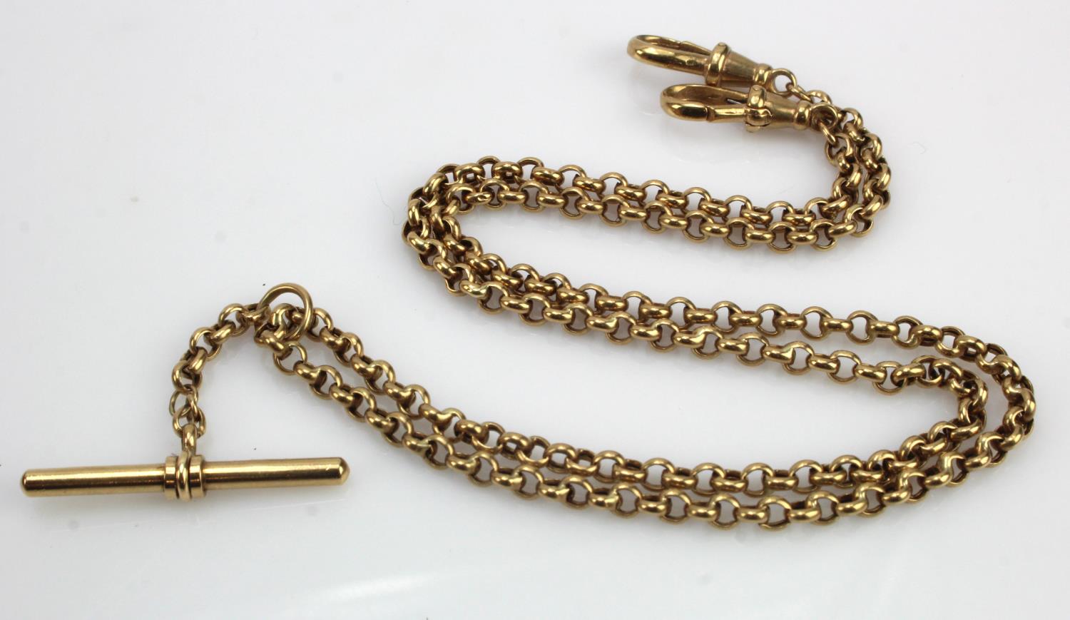 9ct "T" bar pocket watch chain. Length approx 53cm, weight 13.6g