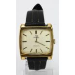 Gents gold plated Omega Geneve manual wind wristwatch circa 1972/73. The square 34mm dial with baton
