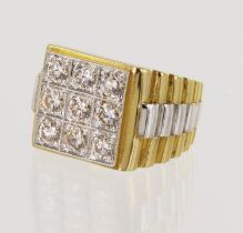 Yellow and white gold (tests 18ct) diamond watch link ring, TDW approx 1.80ct, set with nine round
