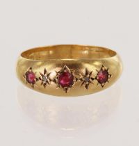 18ct yellow gold Edwardian diamond and synthetic ruby gypsy ring, hallmarked Birmingham 1907, finger