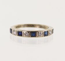 18ct white gold vintage diamond and sapphire half eternity ring, four round brilliant cut diamonds