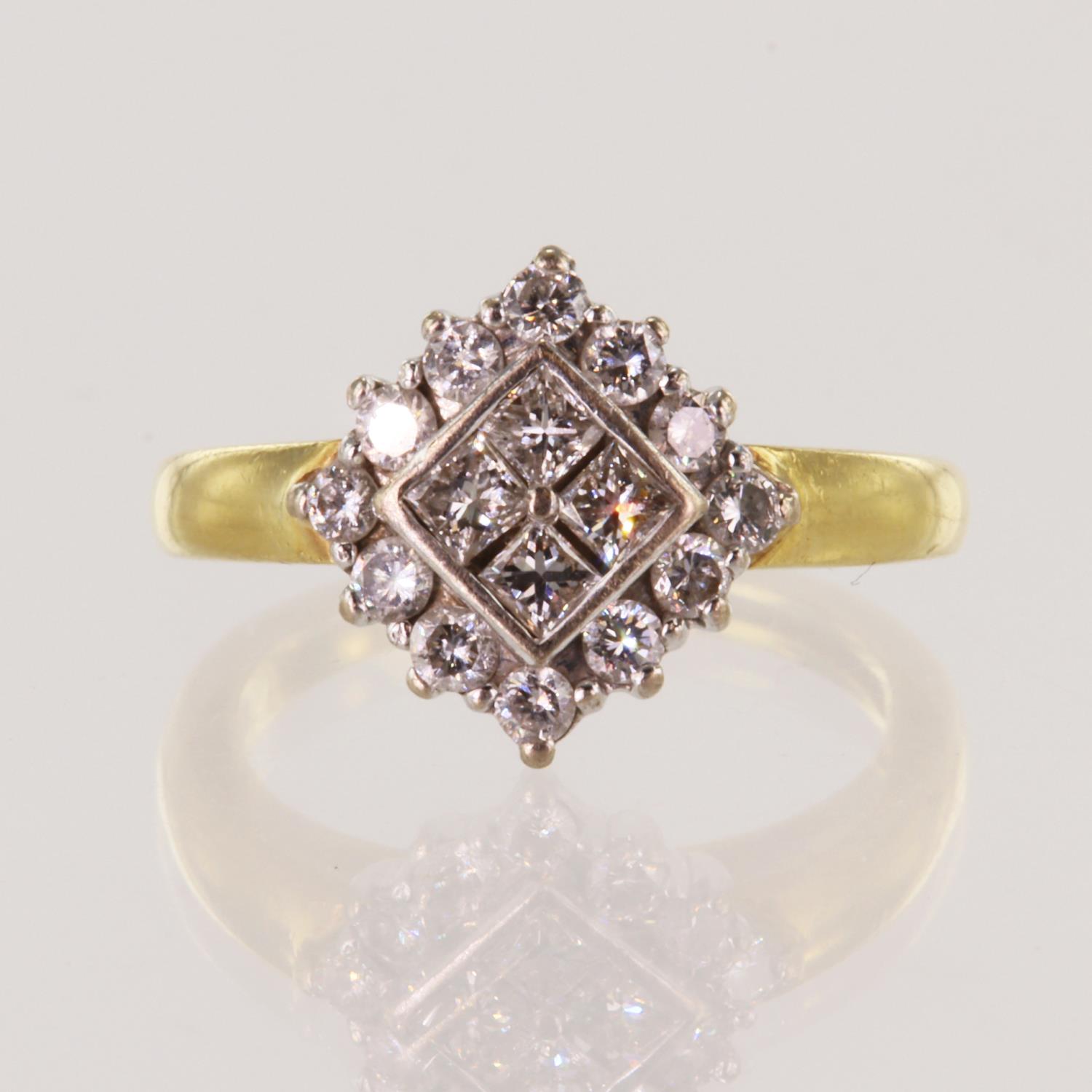 18ct yellow gold diamond cluster ring, centre cluster consists of four princess cut diamonds