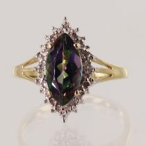 9ct yellow gold diamond and mystic topaz cluster ring, marquise shaped topaz measues 12mm x 6mm,
