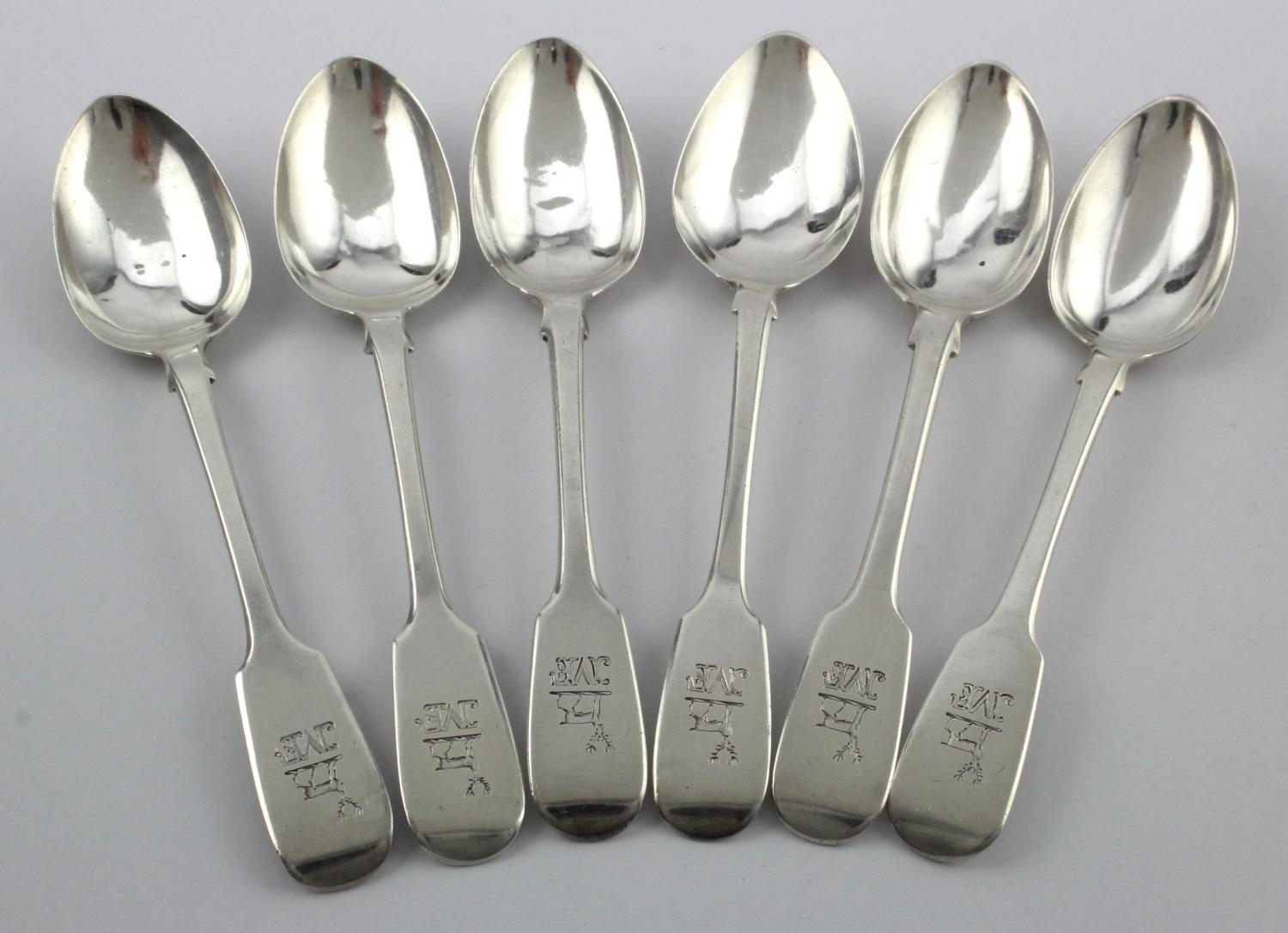 Irish composite set of six fiddle pattern silver teaspoons, interesting deer armorials on the top of