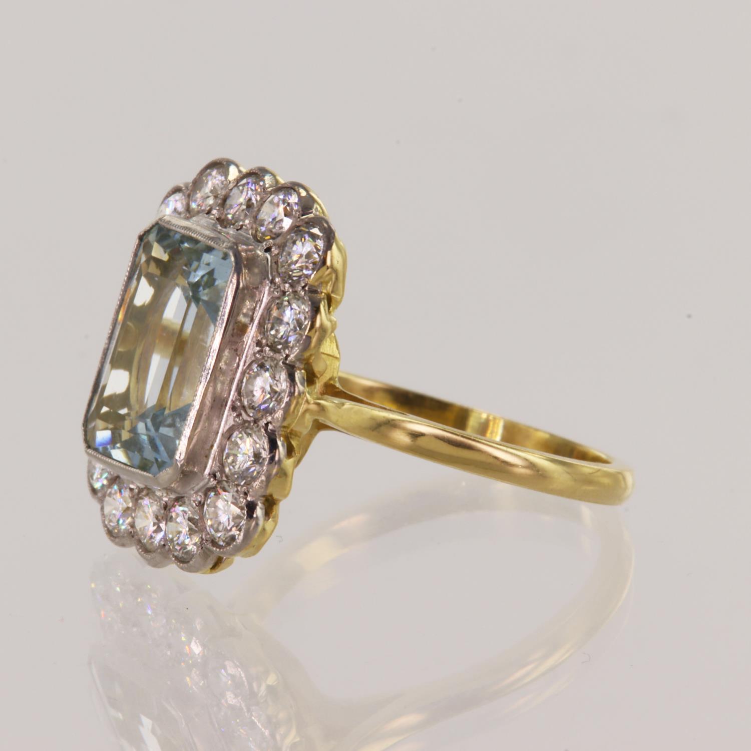 Yellow gold (tests 18ct) diamond and aquamarine cocktail ring, octagonal aquamarine measures 11mm - Image 2 of 2