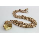 9ct yellow gold double Albert chain, graduating curb links, includes citrine swivel fob pendant,