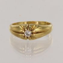 18ct yellow gold diamond gypsy ring, one round brilliant cut diamond approx 0.14ct, finger size S/T,
