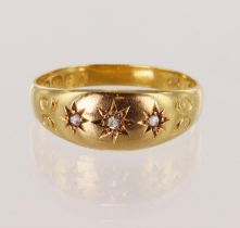 18ct yellow gold Victorian diamond gypsy ring, set with three rose cut diamonds in a stra setting
