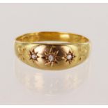 18ct yellow gold Victorian diamond gypsy ring, set with three rose cut diamonds in a stra setting