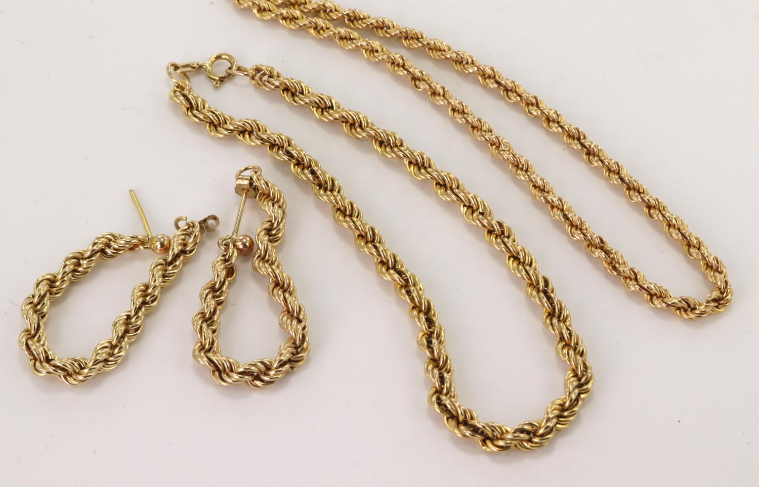 9ct yellow gold rope chain jewellery suite, one pair of stud drop earrings, post and scroll fitting,