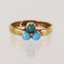 22ct yellow gold antique turquoise ring, three approx 3mm round cabochons in a bezel setting, finger