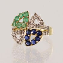 Yellow gold (tests 14ct) diamond, sapphire and emerald dress ring, twenty-six round brilliant cut