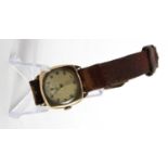 Gents 9ct cased manual wind wistwatch, hallmarked London 1947. Appprox 28mm square, working when