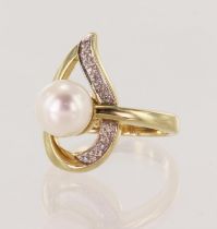 9ct yellow gold diamond and pearl dress ring, approx 8mm cultured pearl open drop surround
