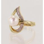 9ct yellow gold diamond and pearl dress ring, approx 8mm cultured pearl open drop surround