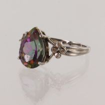 White gold (tests 9ct) mystic topaz and diamond dress ring, pear shaped mystic topaz approx 3.