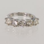 White gold (tests 18ct) diamond five stone ring, TDW approx 2.50ct, estimated colour approx K-L,