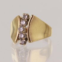 Yellow gold (tests 14ct) contemporary diamond dress ring, five round brilliant cut diamonds TDW