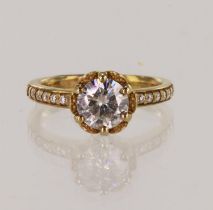 9ct yellow gold synthetic moissanite solitaire ring, round brilliant cut syn. moissanite diameter
