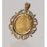 Half Sovereign dated 1892 in a 9ct pendant mount. Total weight 8g