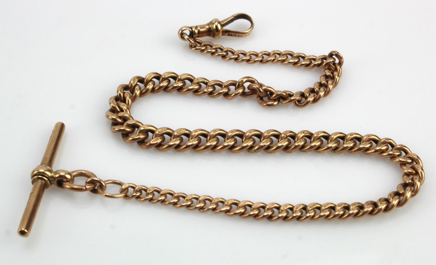9ct "T" bar pocket watch chain. Length approx 30cm, weight 23.3g