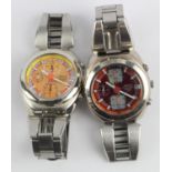 Two gents Seiko Alba Aka Chronograph wristwatches, dial colours orange & red. All require batteries