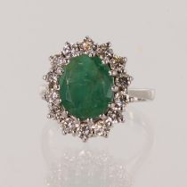 18ct white gold diamond and emerald cluster ring, oval emerald measures 10.7mm x 9.2mm approx 3.