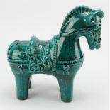 Bitossi 1960's stoneware figure of a horse by Aldo Londi with impressed motifs in a green/blue