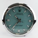 Advertising Wall Clock. Silver 'Rolex' style advertising wall clock, the Tiffany dial reads 'Rolex