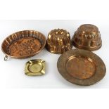 Copper. Five copper and brass items, to include three jelly moulds, largest diameter 28.5cm approx.