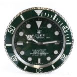 Advertising Wall Clock. Green 'Rolex' advertising wall clock, green dial reads 'Rolex Oyster