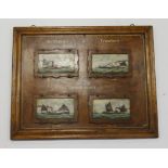 Lowestoft interest. An interesting panel, depicting four small oil paintings of Lowestoft drifters &